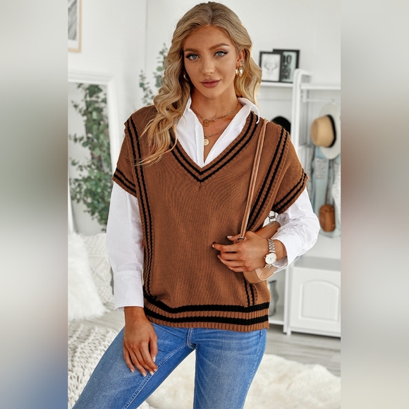 Striped Trim V-Neck Sweater Vest - Picture 1 of 7